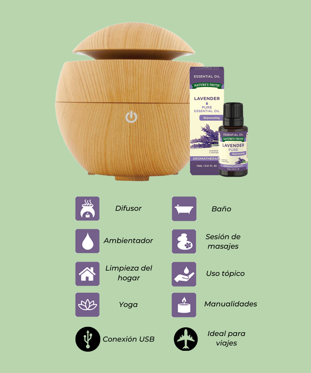 Difusor Ultrasónico Aroma de Madera + Aceite Esencial de Lavanda
